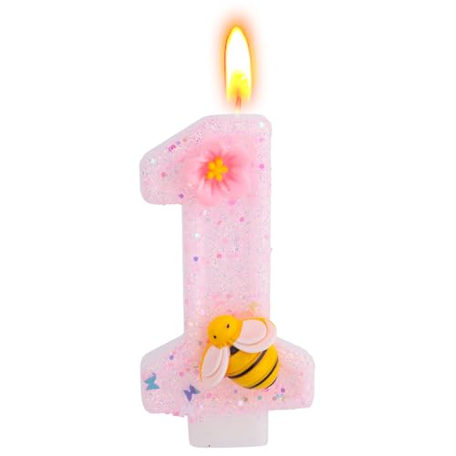 1st Birthday Candle Shiny Pink Flower Bee Number One Candle Cute First Cake Topper Decoration for Women Girls Birthday Anniversary Celebration Party Supplies