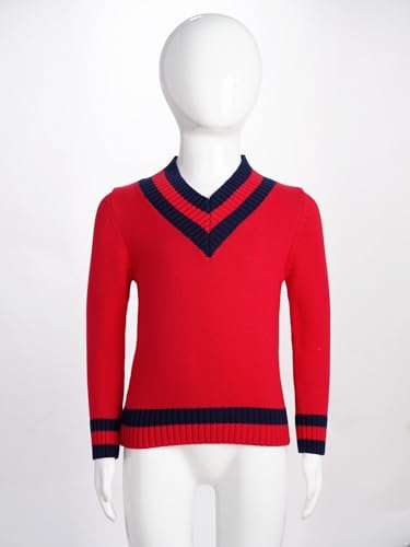 JEATHA Boys\' Long Sleeve V-Neck Cricket Sweaters School Uniform Pullover Shirts Fall Winter Knit Tops Red 11-12 Years