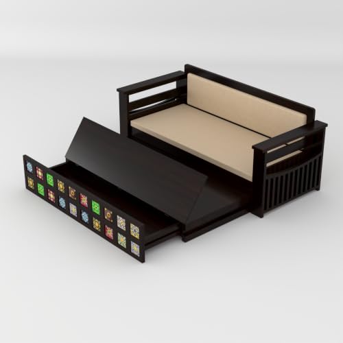 Image of Solid Sheesham Wood Sofa Cums Bed with Mattress & Storage | Rosewood Convertible Sofa Bed for Living Room & Bedroom (Tile-Walnut Finish, 3 Seater)