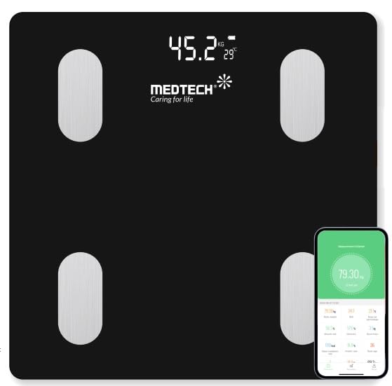 Image of Medtech WS 10 Weight Machine | Digital BMI Weighing Scale | Black | 18 Body Composition | LED Display | Lightweight & Portable Body Fat Analyser with Bluetooth App | 1 Year Warranty