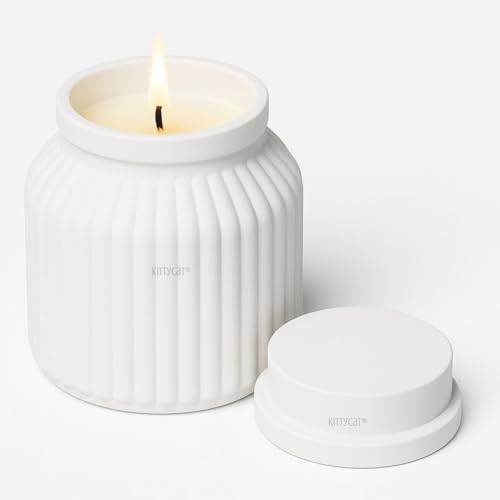 Image of Kitty Cat Aesthetic Soy Wax Scented Candles | Reusable Concrete Sea Shell Jars | Vanilla Aroma | 12+ Hours Burn Time | Perfect Home Decor for Bedroom, Office & Hostel (Minimal Ribbed Matte Jar)