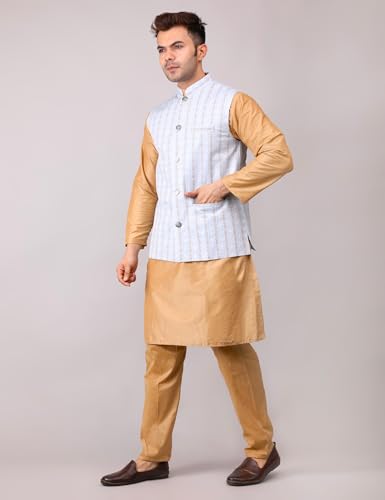 Image of Men's Cotton Silk Blend Regular Kurta Pyjama, Embroidered Nehru Jacket /Waistcoat Set