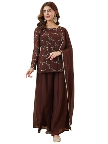 Image of MOKOSH Women's Georgette Short Kurti Palazzo with Dupatta | Short Kurti Set |Ethnic Kurta Set for Women | Sweetheart Neck Full Sleeve | Indian Kurta Outfit With Palazzo Pants