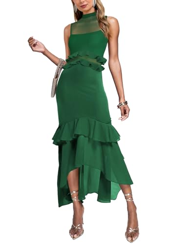 Image of Aisbei Women's Elegant Bodycon Maxi Dress Mock Neck Sleeveless Mesh Ruffle Dress Party Cocktail Formal Wedding Guest Dresses