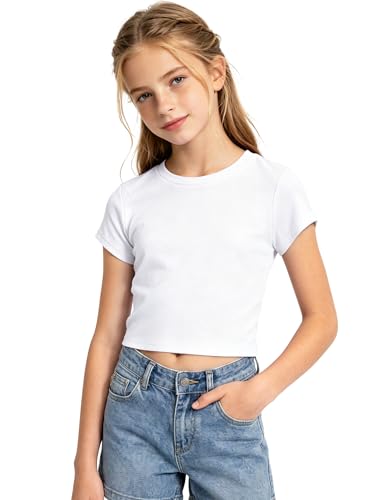 Image of Auranso Girls Crop Tops Kids Short Sleeve T-Shirts Basic Summer Tee Top
