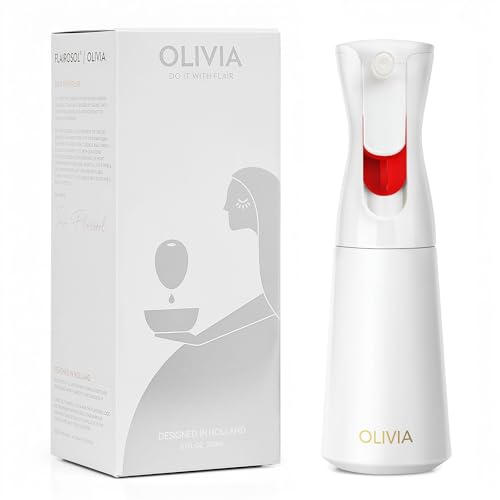 FLAIROSOL OLIVIA Oil Sprayer for Cooking, 200ml Glass Olive Oil Sprayer, Continuous Cooking Spray with Portion Control, Oil Dispenser for Kitchen, Air Fryer, Salad, BBQ (White Bottle, Gold Print)
