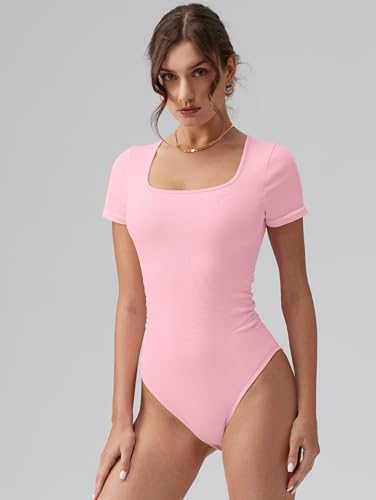 Image of OQQ Women Bodysuits Ruched Short Sleeve Square Neck Stretch Lounge Travel Bodysuits