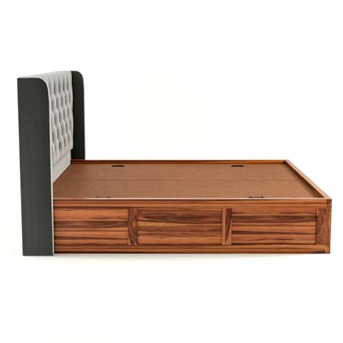 Image of Solid Sheesham Wood King Size Bed with Storage | Wooden Double Bed Cot Bed with Box Storage & Velvet Upholstered Cushioned Headboard for Bedroom (Honey C, King)