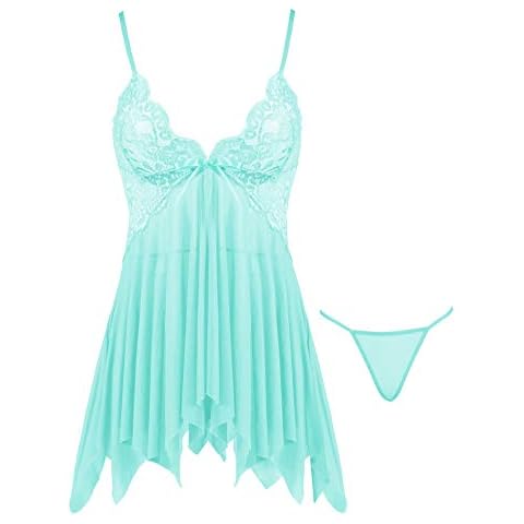 Joyaria Women's Sexy Lace Lingerie Set Sheer Babydoll Mesh Nighties Outfits (Mint Green,Large) Cover