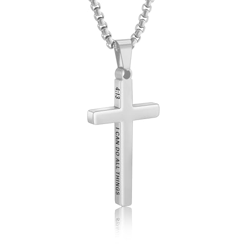 Silver Cross Necklace for Men Boys Mens Bible Verse Stainless Steel Cross Pendant Chain Men's Religious Christian Jewelry Gifts Teen Son Him 8-12 Confirmation First Communion Baptism Catholic 4:13