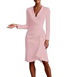 Vhersily 2025 Vestido Midi para Mujer Cuello en V de Noche Elegante Manga Larga Fiesta Cóctel Vestidos Rockabilly Otoño Invierno Midi Vestido Formal Oficina Año Nuevo Traje de Bodas, Ceremonia, Rosa