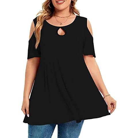 MONNURO Plus Size Cold Shoulder Tops For Women Sexy Ruffle Short Sleeve Tunic(Black,3X) Cover