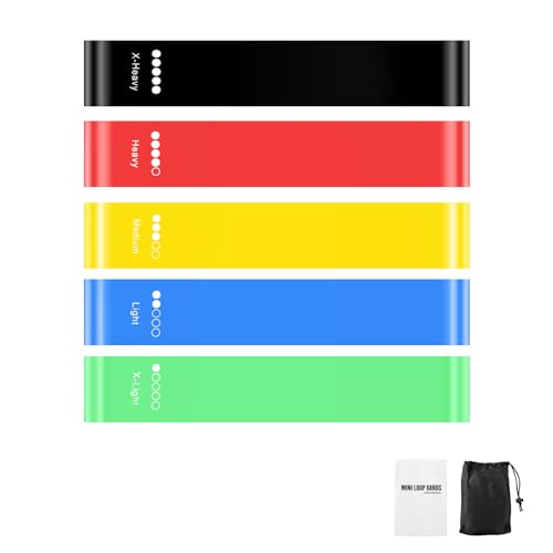 5 Bandas de Fitness - Gomas Elasticas Musculacion 10-45 lbs - Material TPE - 5 Niveles de Resistencia - para Ejercicios musculares, Pilates, Yoga (Verde, Azul, Amarillo, Rojo, Negro)