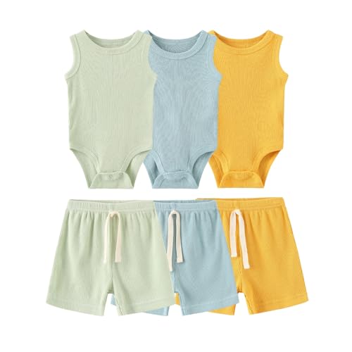 Kiddiezoom Baby Boys'Layette Set 6-Piece Unisex Bodysuits Pants Set Toddler Boy Gift Sets