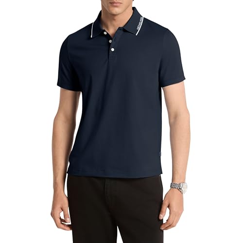 Image of Michael Kors Mens Logo Rib Short Sleeve Polo, Midnight, Medium