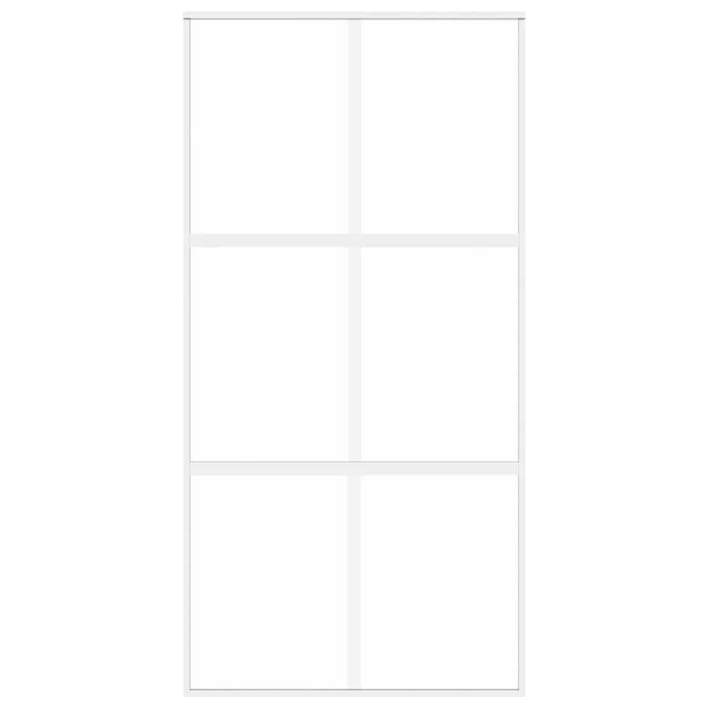Drzwi przesuwne białe 102,5 x 205 cm ze szkła hartowanego i aluminium z przezroczystym szkłem, grubość szkła 5 mm, do wnętrz, skrzydło drzwi z linią ozdobną, montaż z zestawem okuć