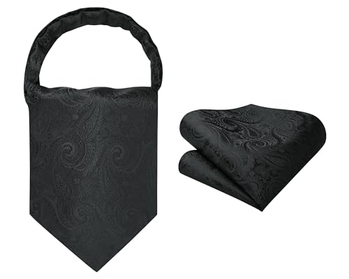 Image of HISDERN Ascot Ties for Men Paisley Floral Ascot and Pocket Square Set Classic Self Tie Mens Cravat Handkerchief for Wedding