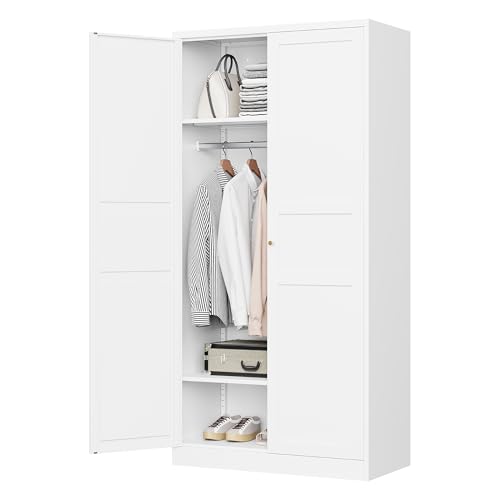 MIIIKO Wardrobe Closet with 2 Doors, 72" Metal Clothing Storage Cabinets with Hanging Rod, Bedroom Armoires Laundry Room and Office Clothes Storage Organizer Cabinets - Thumbnail 6