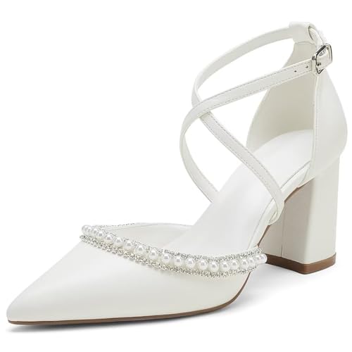High Block Heel Wedding Shoes for Bride Closed Toe Pearl Bridal Shoes Women Chunky Heels
