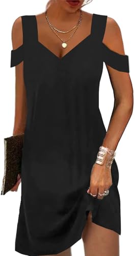 Image of SAUKOLE Womens Sexy Cold Shoulder Dresses Summer Casual Dress Loose Fit Knee Length Dress