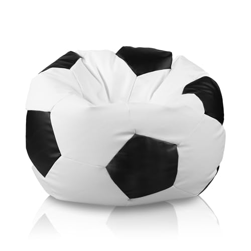 Bepouf - Poltrona a Sacco Pallone Calcio in Ecopelle con Imbottitura in Palline di Polistirolo, Poltrona a Sacco adatta per Camera e Salotto - Dimensione Piccola 55x35, Colore Bianco e Nero