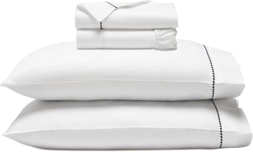 SUPERIOR Cotton Blend 600 TC Embroidered Hem Bed Sheets, Twin, White-Black