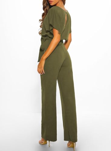 Happy Sailed Women Casual Loose Short Sleeve Belted Wide Leg Pant Romper Jumpsuits Medium Green