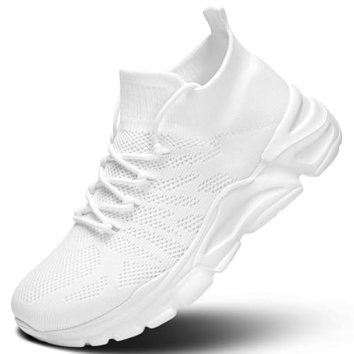 Mens Walking Shoes Running Athletic Sports Sneakers Slip on Mesh Lightweight Breathable Tennis Gym Soft Sole White