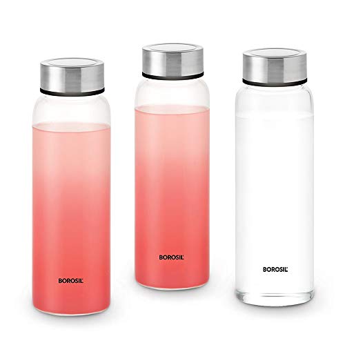 Borosil 750ml Crysto Water Bottle Set | Borosilicate Glass Wide Mouth Bottle for Fridge | Extreme Temperature Resistant For Hot & Cold Water, Milk, Lassi, Juice | Transparent (Steel Lid - 3pc)