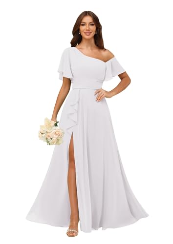 Image of One Shoulder Bridesmaid Dresses for Women with Pockets Short Sleeve Ruffled Chiffon Formal Evening Gowns
