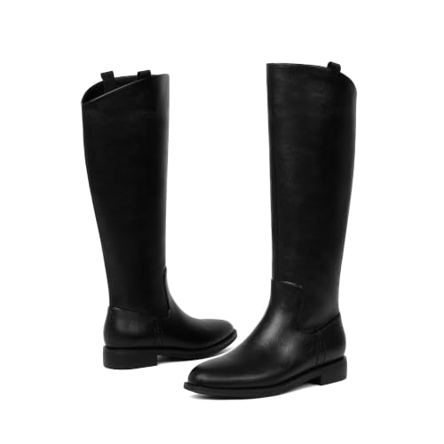 Image of Modatope Knee High Boots Women Rounded Toe Flat Retro Bais Opening Low Chunky Heel Riding Boots