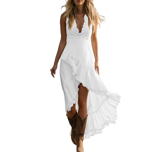 Image of Summer Womens Ruffled High Low Hem Maxi Dress Women Elegant Sleeveless Deep V Neck Dress Asymmetrical Tiered Flowy Western Boho Dress Ladies Wedding Guest Casual Temperament Long Skirt White
