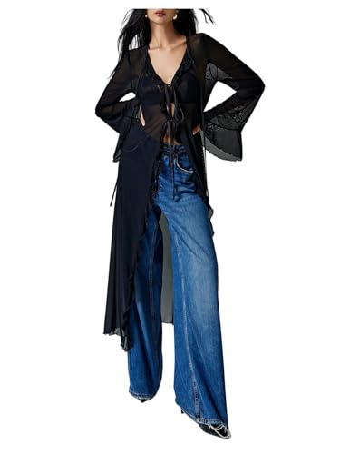 Verdusa Women's Goth Tops Y2K Mesh Tie Front Tops Bell Sleeve Tops Long Shirt 2000s Clothing