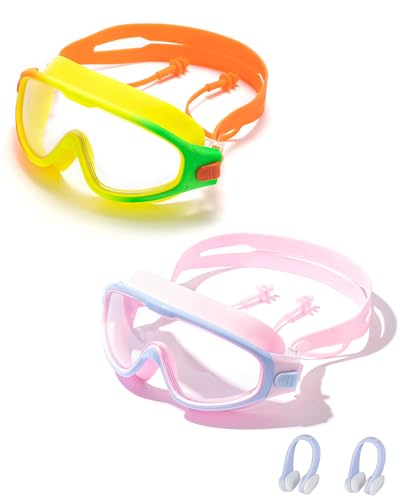 seasprint 2PCS Swim Goggles for Kids 6-12,Anti-Fog Pool Glasses,Wide View Swim Goggles with Ear Plugs and Nose Clip(Pink+Yellow)