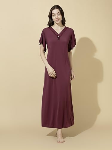 Image of 9shines Label Stylish Soft Modal Maxi Nighty | Honeymoon Nighty | Full Length Trendy Nightgown | V-Neck Lace | Premium Nightdress | Soft Long Nightdress | Maxi Gown Nightwear for Women (Malai Satin)