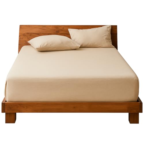 Decolab Jogo de Lençol Malha 100% Algodão Extra Macio - Roupa De Cama Antiácaro, Inclui Lençol Com Elástico (Forro) E Fronhas (Bege, Casal Simples)