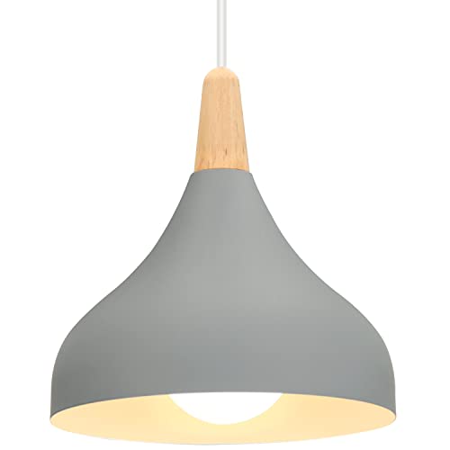 iDEGU Hängelampe Retro E27 Hängeleuchte Moderne Tropfenförmig Hut Deckenleuchte aus Metall Holz Pendelleuchte für Schlafzimmer Esszimmer Küche (Grau, 1 Stück)