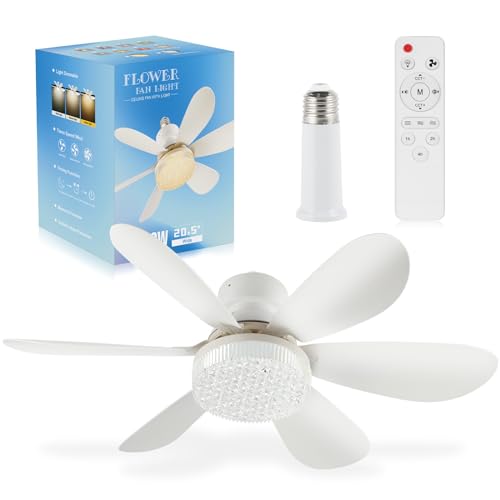 OKYUK Ventilador de techo, ventilador de techo con iluminación, coordinación temporal, temperatura de color regulable, casquillo E26/E27, 48 cm, pequeño mando a distancia, silencioso, lámpara de techo