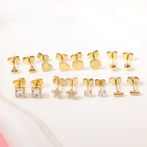 8 Pairs 14K Gold Stud Earrings Set, Titanium Surgical Steel Stud Earrings for Multiple Piercing Hypoallergenic Earrings Flower Heart Ball Cubic Zirconia Studs for Women4