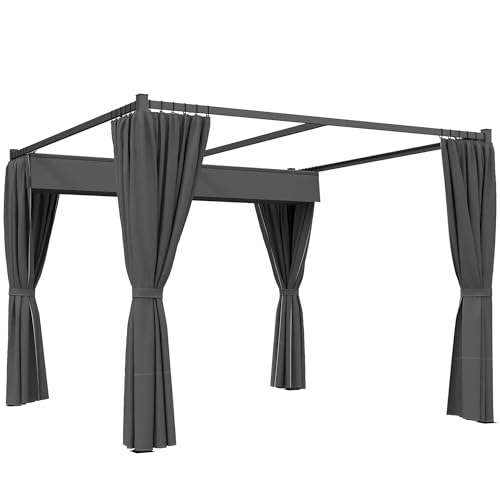Outsunny 3 x 3(m) Pergola with Retractable Roof Canopy and Curtains, Metal Frame Garden Gazebo Outdoor Sun Shade Shelter for Grill, Patio, Deck, Charcoal Grey