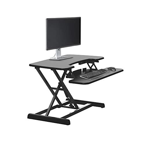 Image of Vari VariDesk Essential Vertical Lift 30 Inch Standing Desk Converter - Compact Home Office Workstation for Laptop or Monitor + Keyboard Tray - Delivers Fully Assembled (Black)