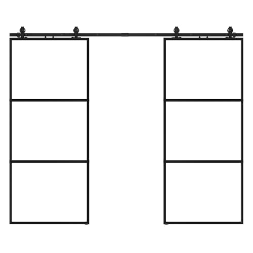 64 x 84 in Metal and Glass Sliding Double Barn Door with Installation Hardware Kit (Soft-Close Included)