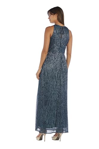 Image of R&M Richards Women's Metallic Crinkle Halter Maxi Gown W /Keyhole, Slit & Shirred Waist