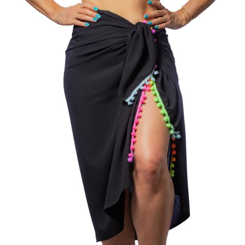 Marujá Beach Canga de Praia Em Viscolinho Preta com pompom Colorido Pareô Saída de Praia Viscose