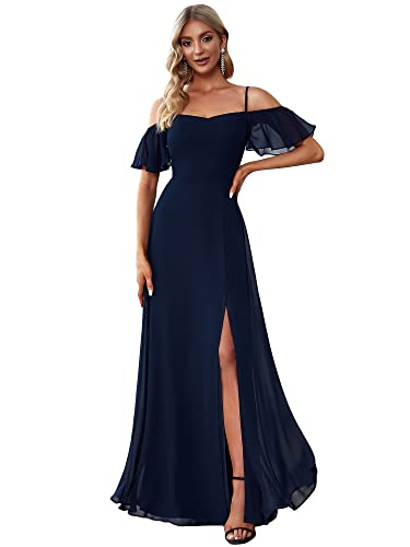Ever-Pretty Robe de Soirée pour Mariage Invité Femme Longue Mousseline Épaule dénudée Élégante Bleu Marine 36