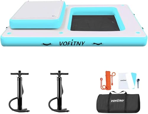VOFiTNY Inflatable Dock Floating Platform, 2-IN-1 Floating Dock Platform With Cooling Hammock, 8 IN Thickened Floating Docks For Lakes/Oceans/Rivers/Pools, Cyan Inflatable Patio Dock with 2 Hand Pumps