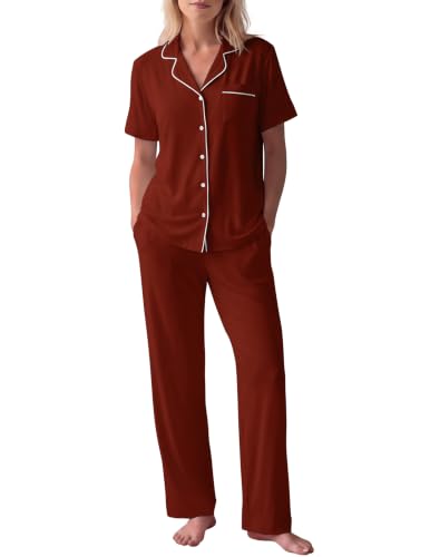 Image of HNG Women Pajamas Set 2 Piece Button Up Pajamas Pant and Short Sleeve Shirt for Woman Pj Sets with Pocket