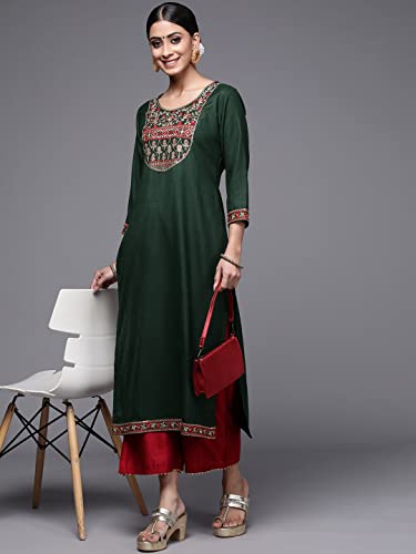 Image of INDO ERA Women's Cotton Straight Fit Embroide Calf Length Straight Kurta (KT4GN9262)
