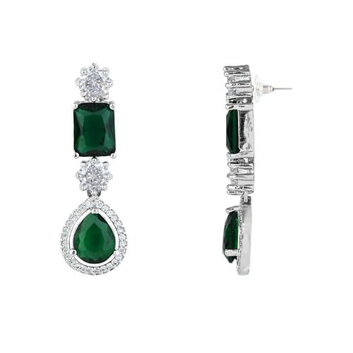 Image of I Jewels Silver Plated Cubic Zirconia American Diamond Valentines Special Necklace & Drop Earrings Jewellery Set for Women