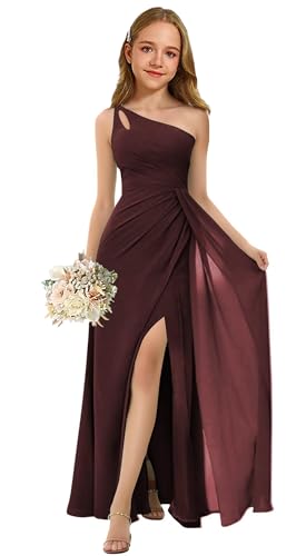 Oittuye One Shoulder Chiffon Girls Formal Dress Ruched Junior Bridesmaid Gown Flower Girl Slit Maxi Dress with Slit, Burgundy, Size 12